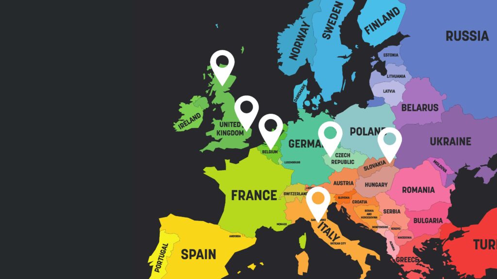 a colourful map of Europe with pins showing six countries