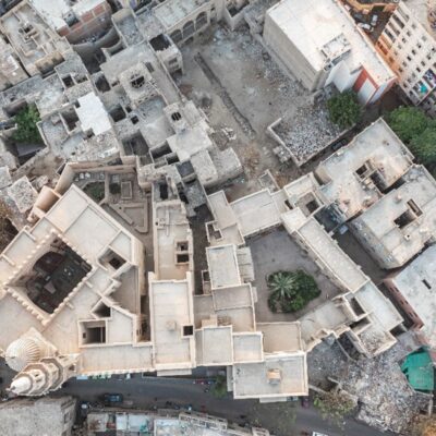 Bayt Al Razzaz, an Omani Mansion in Cairo, from above showing a roofscape and neighbouring buildings