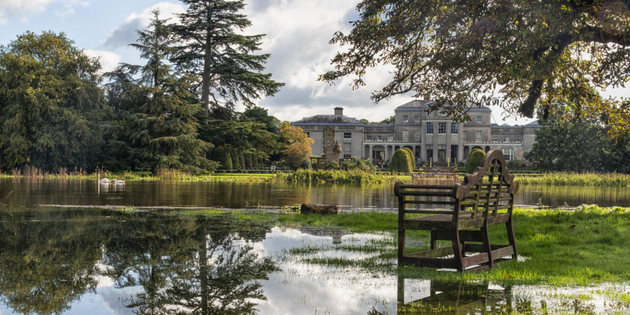 The rear garden under flood water in autumn at Shugborough Estate, Staffordshire resource page