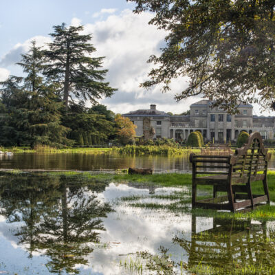 The rear garden under flood water in autumn at Shugborough Estate, Staffordshire resource page
