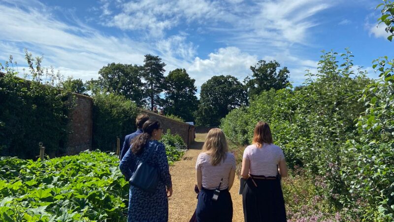 3 women walking and talking in a garden
