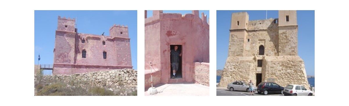 3 images of historic towers in Malta. 2 have vivid red brick and the other is pale stone.