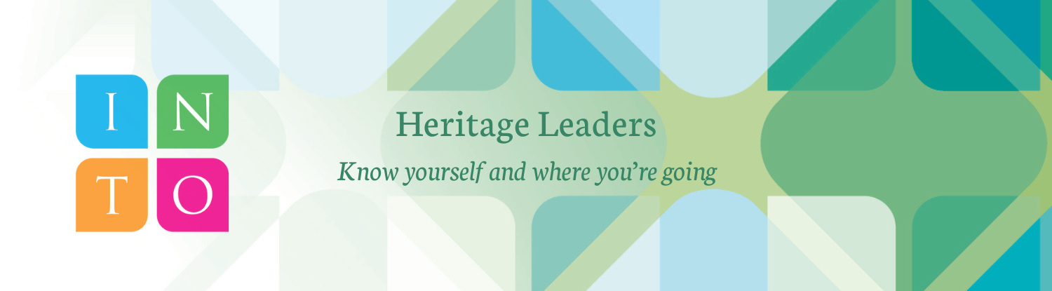 blue and green graphic design with the text 'heritage leaders -know yourself and where you're going'