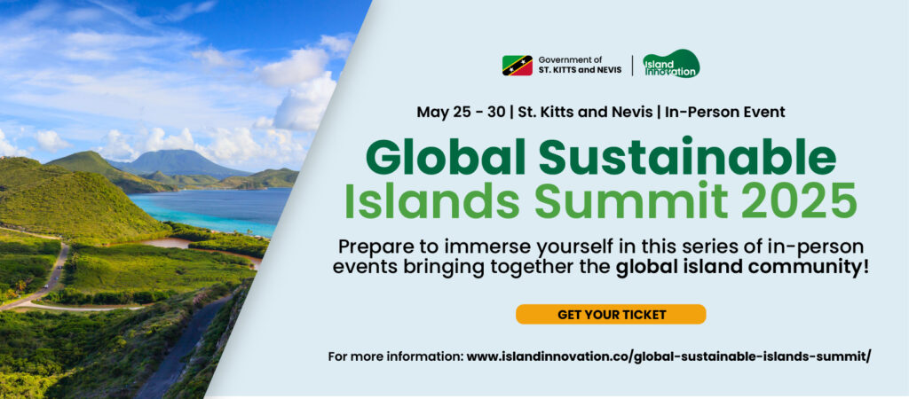 flyer for the global sustainable islands summit showing a green island in a blue sea