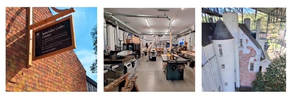 3 photos left to right a red brick building with a black sign with white writing 'Specialist Crafts Centre', middle a woodworking workshop and right the exterior of a building with damage to the white render revealing brick beneath