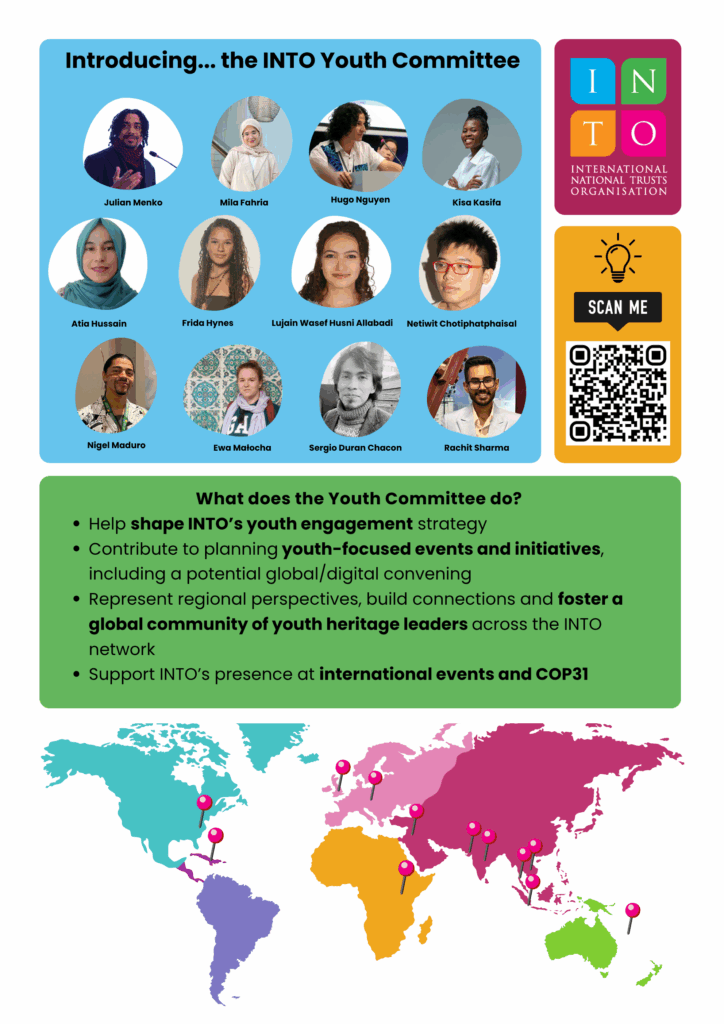 a brightly coloured image with 12 photos of the youth committee and a world map showing their locations