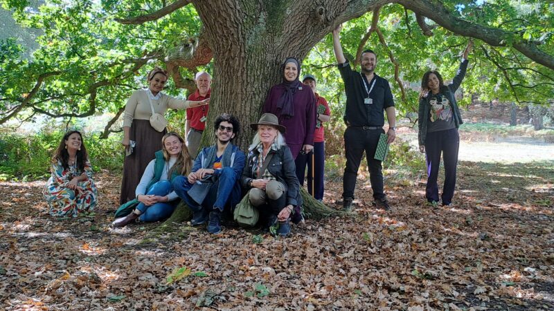 a group of people standing underneath a huge tree, with brown leaves under foot and three people are touching the tree