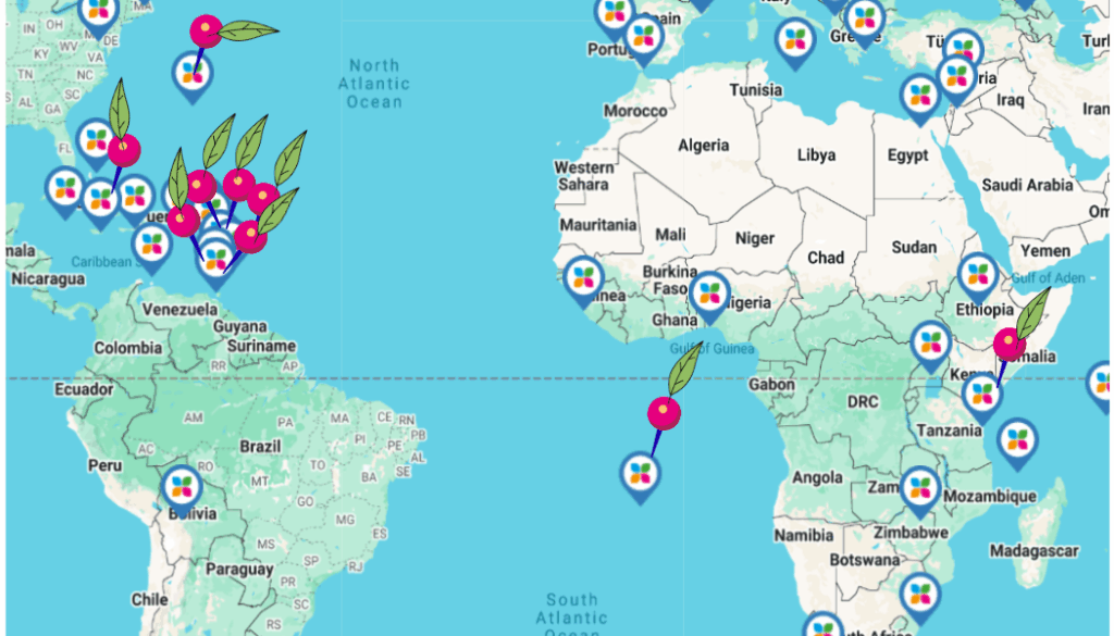 a cropped world map showing parts of south america, africa and the carribean. There are brightly coloured pins on 9 locations: Barbados, Bermuda, Jamaica, Montserrat, St Lucia, Trinidad and Tobago, St Helena, Zanzibar and Nevis