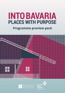 cover image of the INTO Bavaria conference programme with a bold pixellated visual identity in navy blue and dark pink