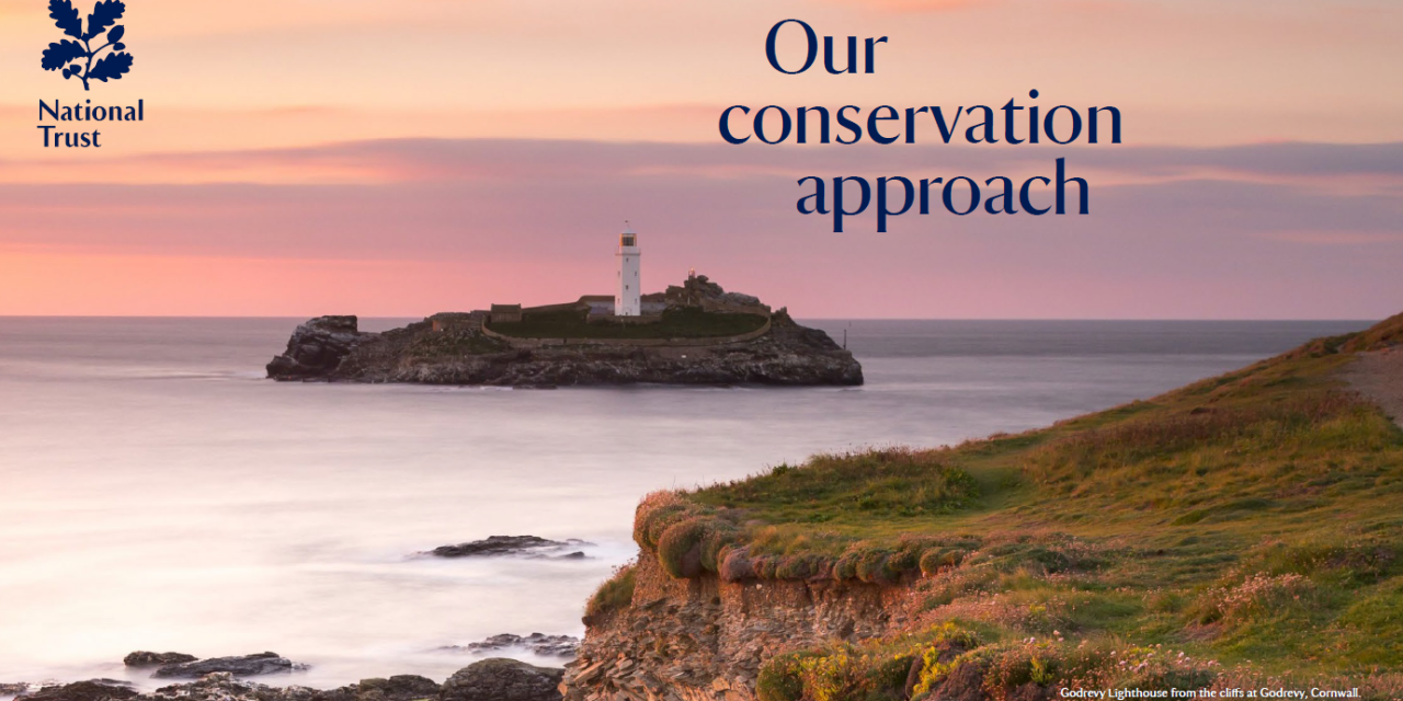 cover of a PDF document with the title 'Our conservation approach' in nav text on a picture background showing a lighthouse against a sunset
