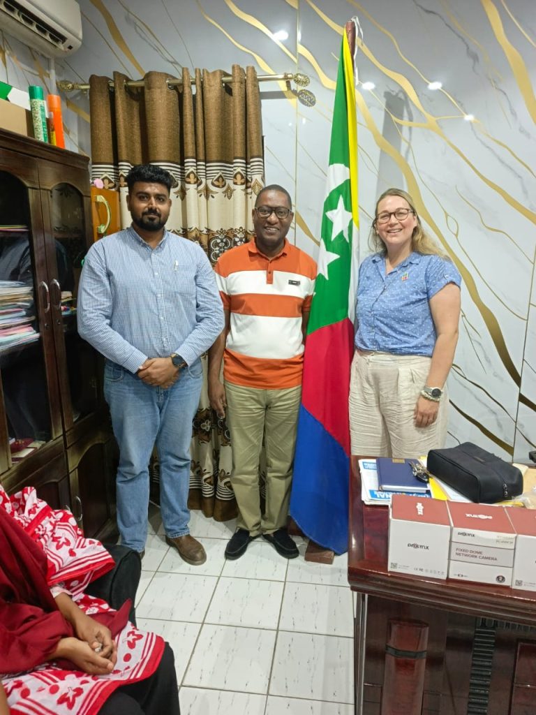 PM Charlotte Thomas and ZSTHS conservation architect Hoshil Dhanji meeting with the mayor of Mutsamudu.