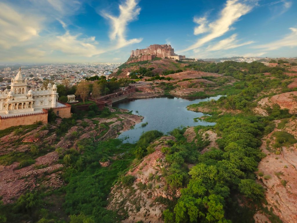 Devkund lake with the Mehrangarh Fort and Jaswant Thada memorial