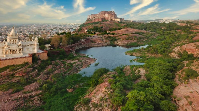 Devkund lake with the Mehrangarh Fort and Jaswant Thada memorial