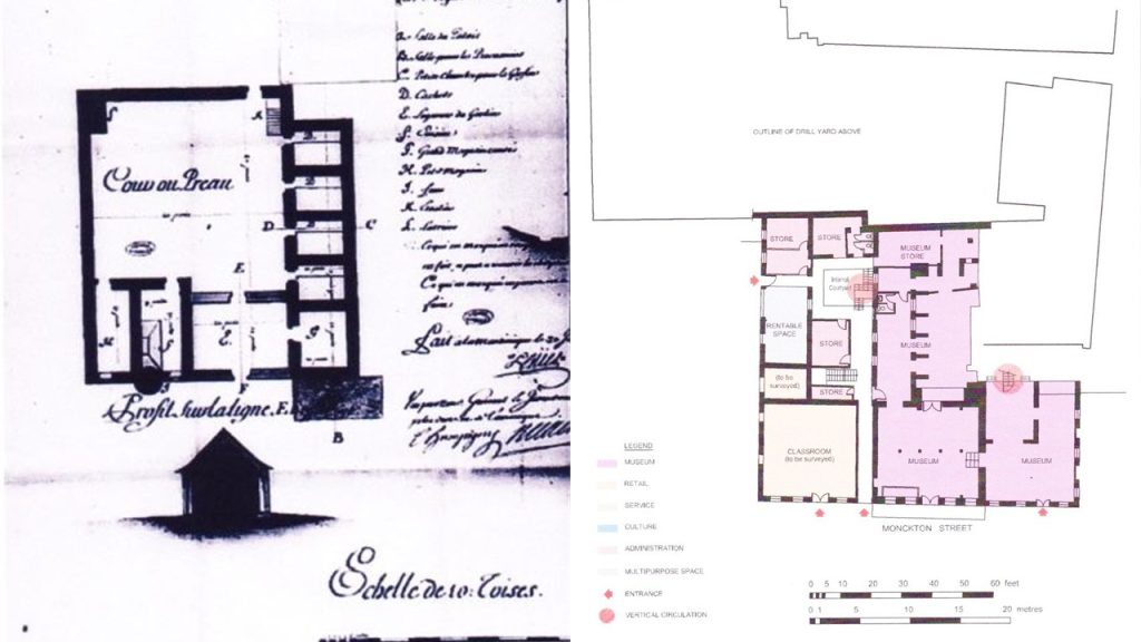 side by side image showing historic plan drawing on the right and current plan drawing on the right of the drill hall and museum of Grenada National Trust